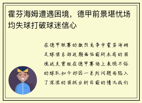 霍芬海姆遭遇困境，德甲前景堪忧场均失球打破球迷信心