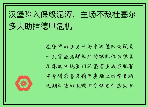 汉堡陷入保级泥潭，主场不敌杜塞尔多夫助推德甲危机